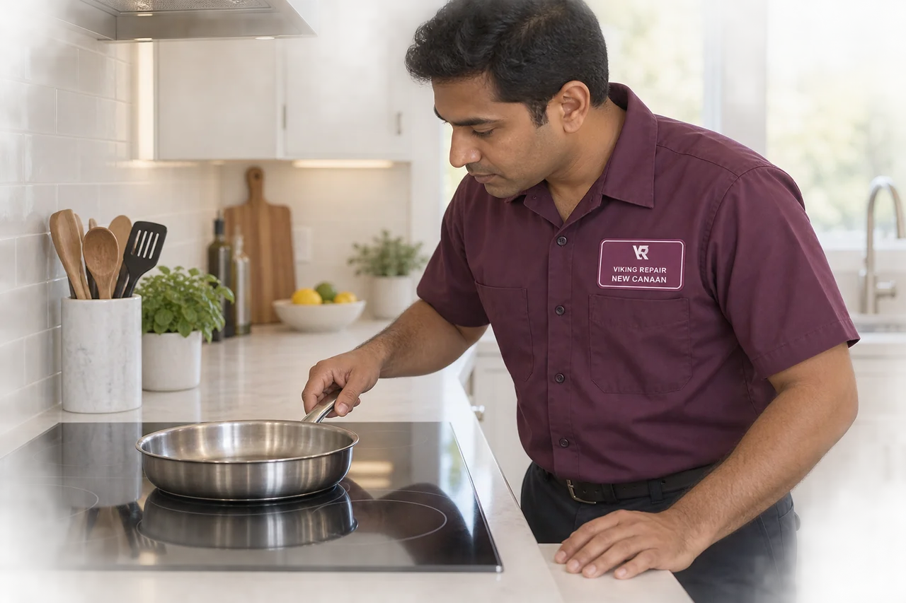 Illustrative technician checking pan placement on a cool electric cooktop in a New Canaan uniform.